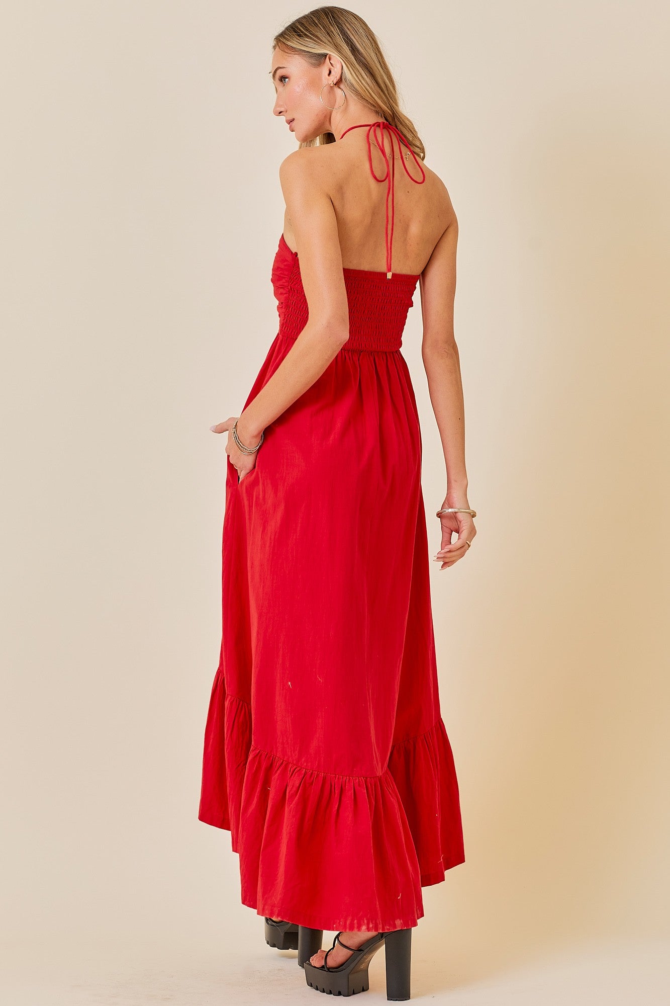 Ruched Halter Midi Dress with ruffle hem - Red.  Back view.