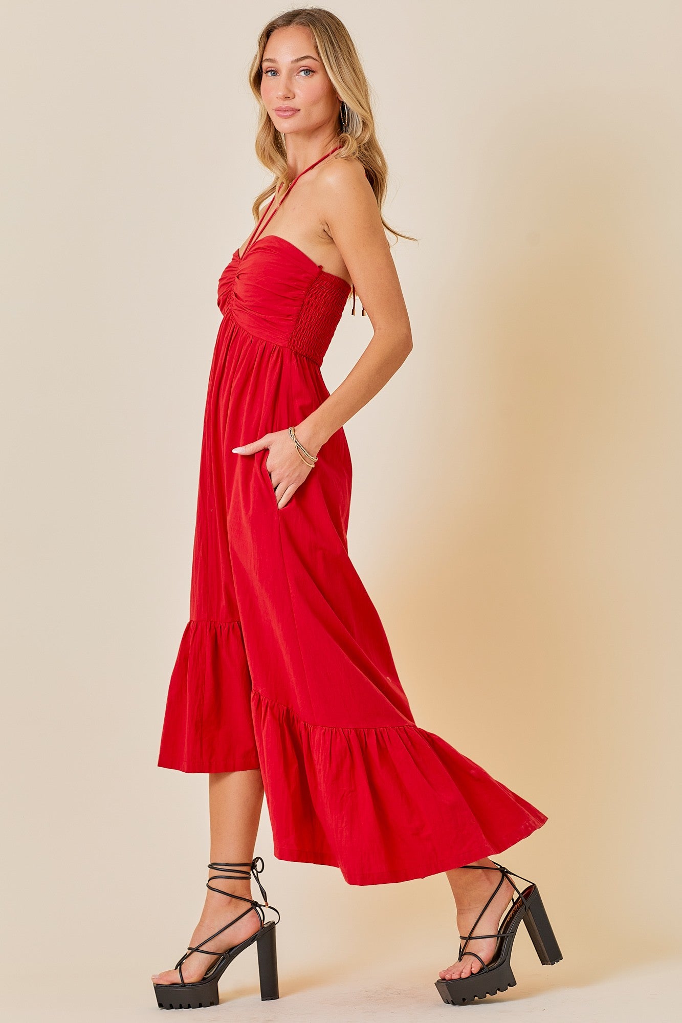 Ruched Halter Midi Dress with ruffle hem - Red.  Side view.