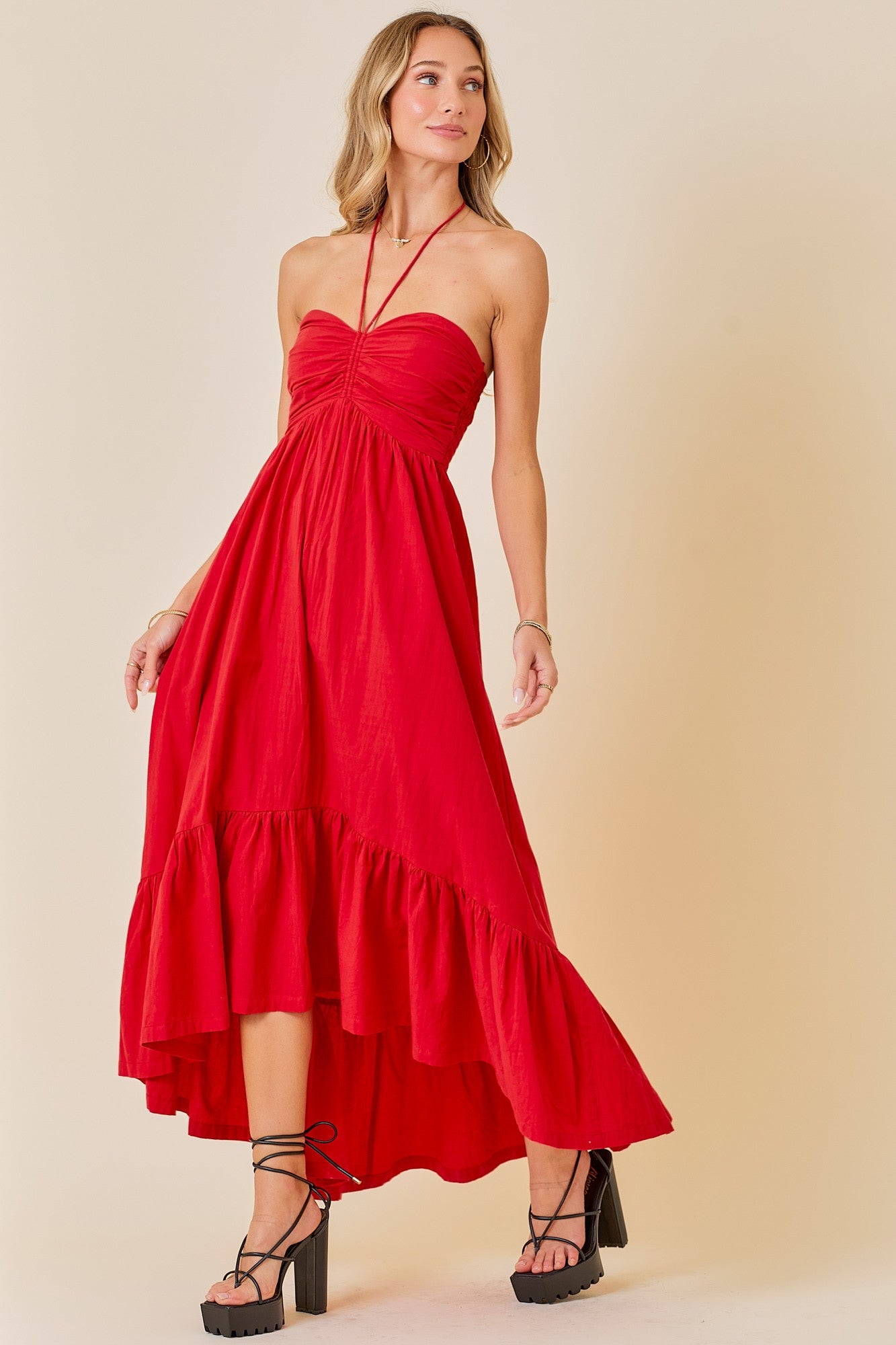 Ruched Halter Midi Dress with ruffle hem - Red.  Front view.