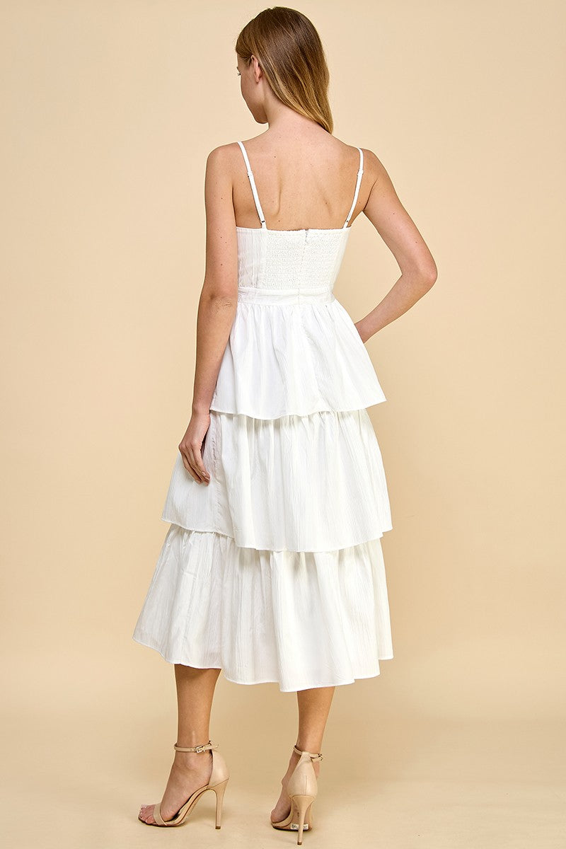 Tiered Ruffle Maxi Dress with bow - White.  Back full view.