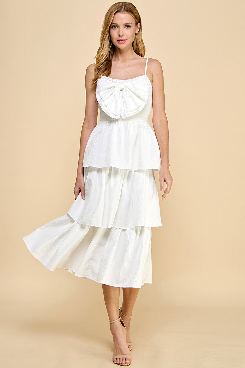 Tiered Ruffle Maxi Dress with bow - White.  Front full view.