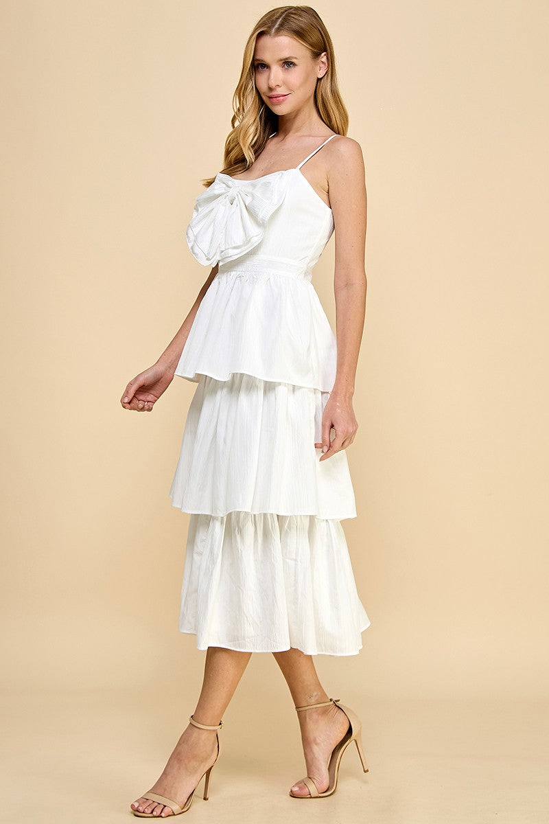 Tiered Ruffle Maxi Dress with bow - White.  Side full view.