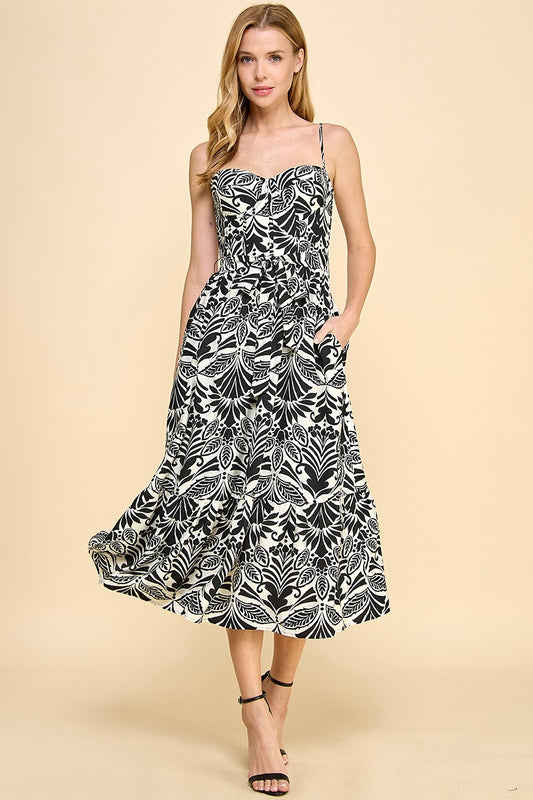 Printed Midi Dress - Black.  Front full view.