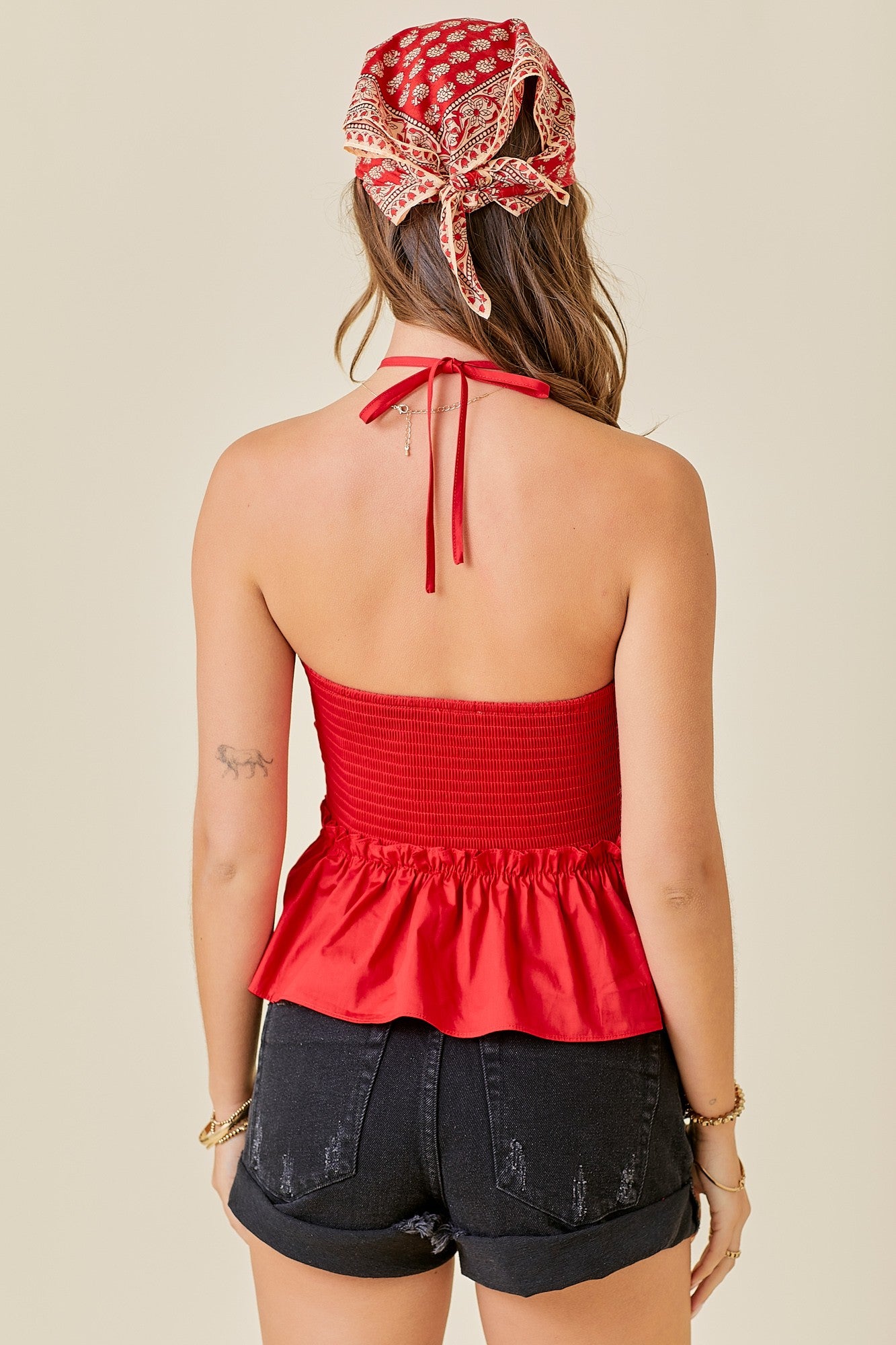 Ruched Halter Top with Tie Back - Red.  Back View.