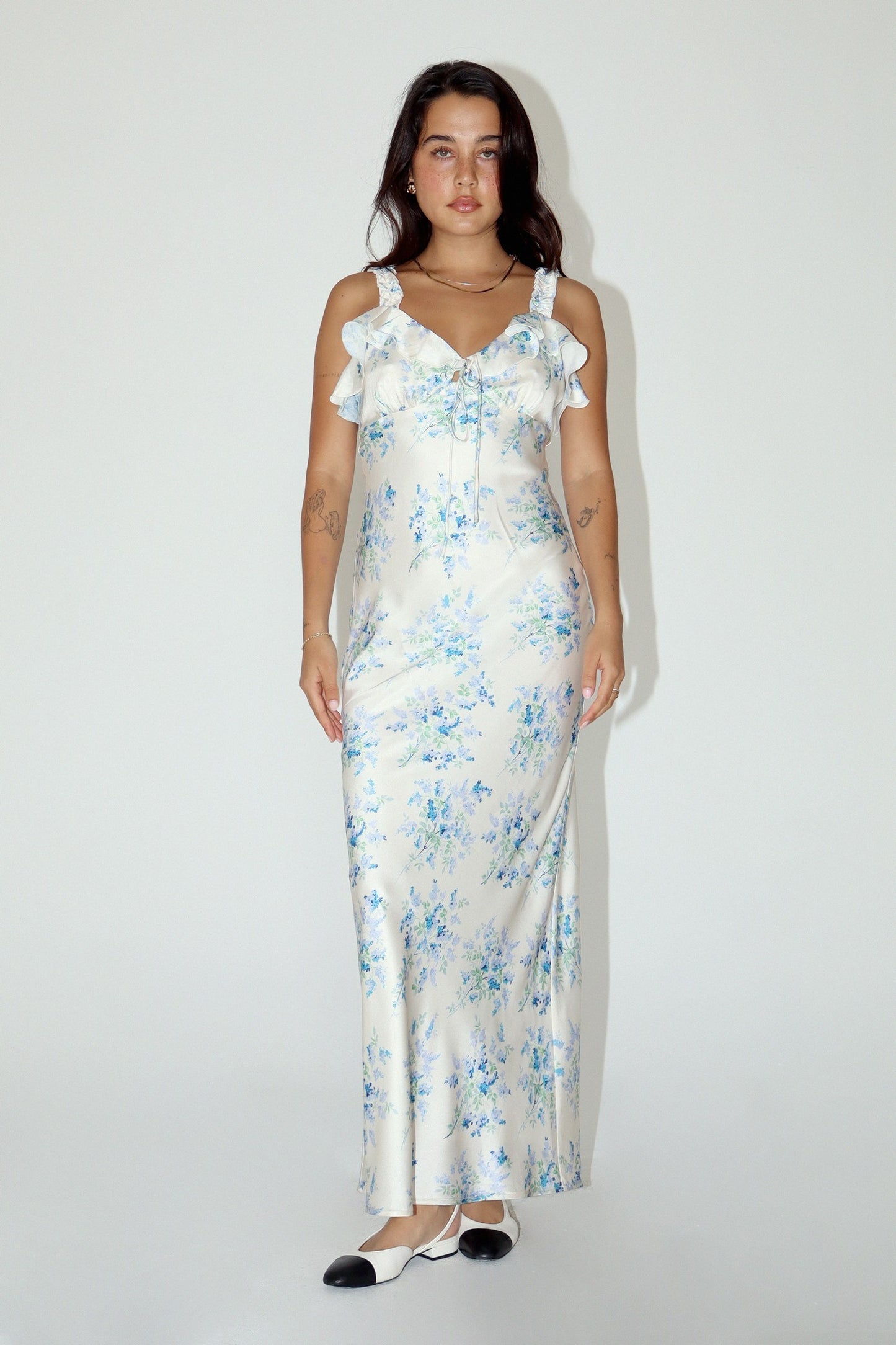 Ruffle Maxi Dress - Blue & Cream.  Front view.