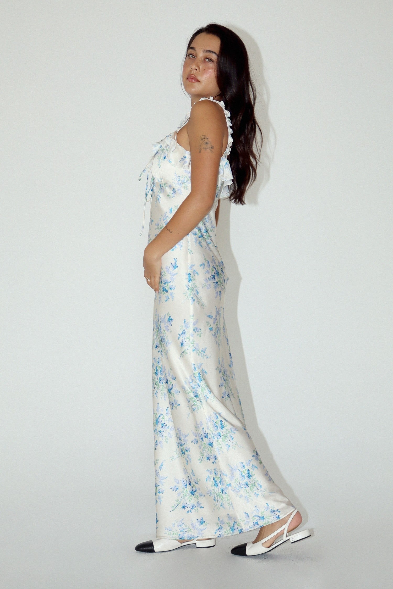 Ruffle Maxi Dress - Blue & Cream.  Side view.