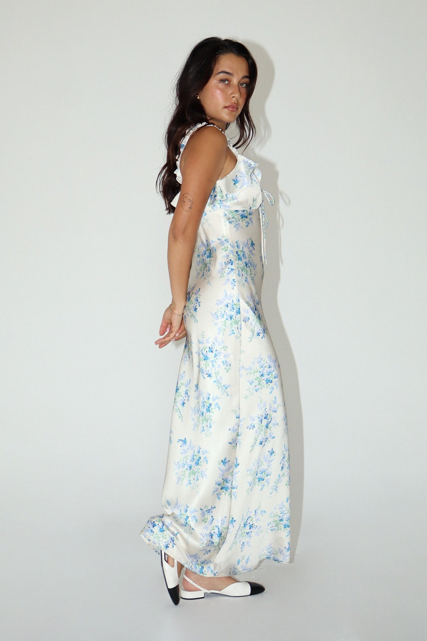 Ruffle Maxi Dress - Blue & Cream.  Side view.