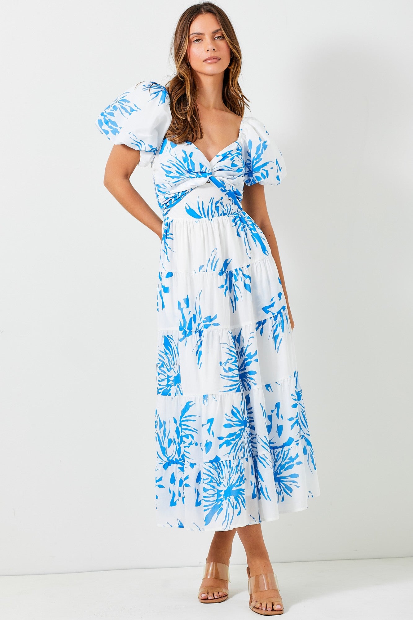 Floral Maxi Dress with balloon sleeves.- Blue.  Front full view.