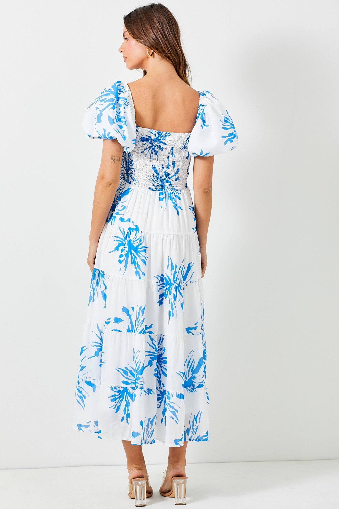 Floral Maxi Dress with balloon sleeves.- Blue.  Back full view.