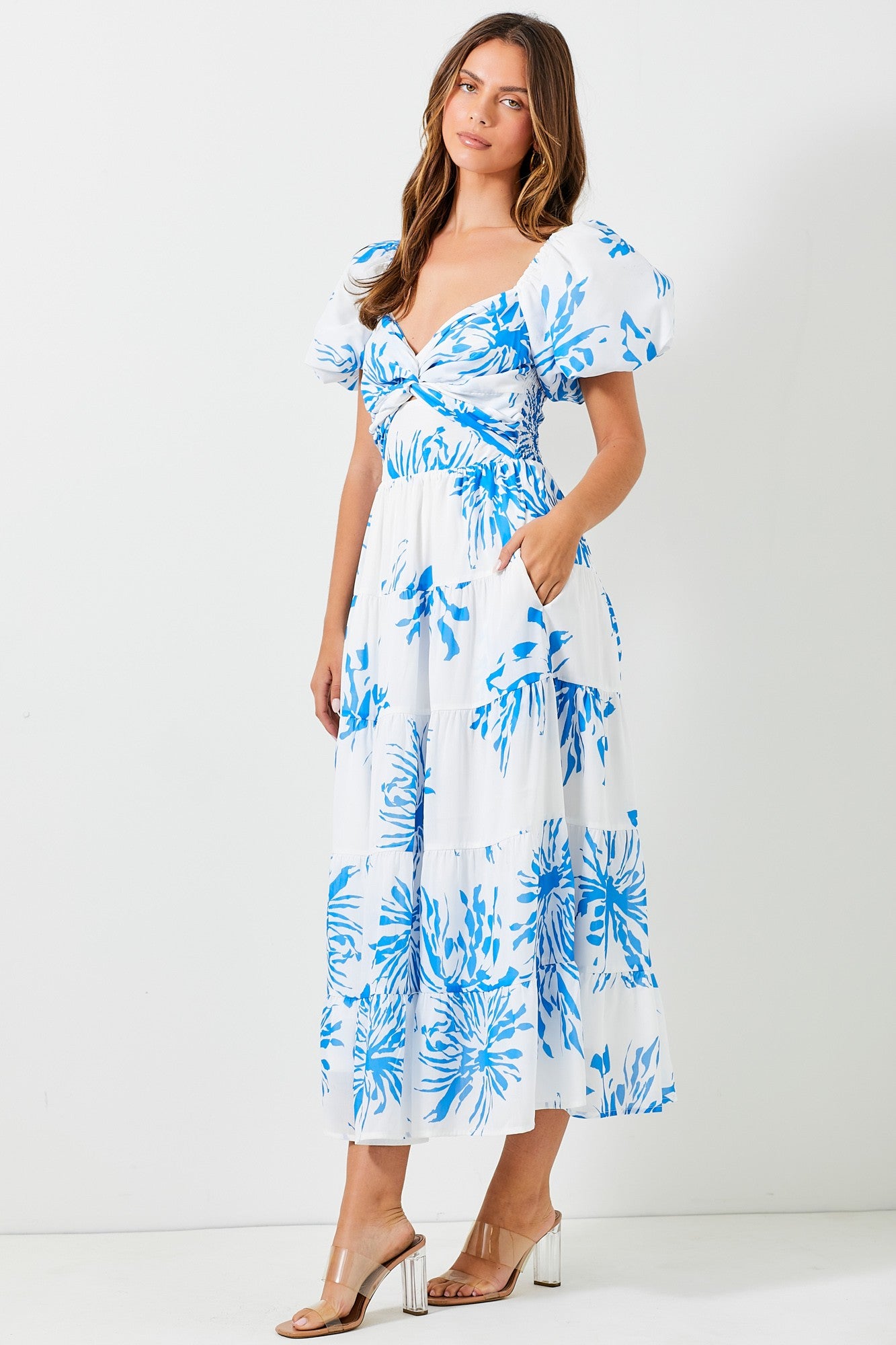 Floral Maxi Dress with balloon sleeves.- Blue.  Side full view.