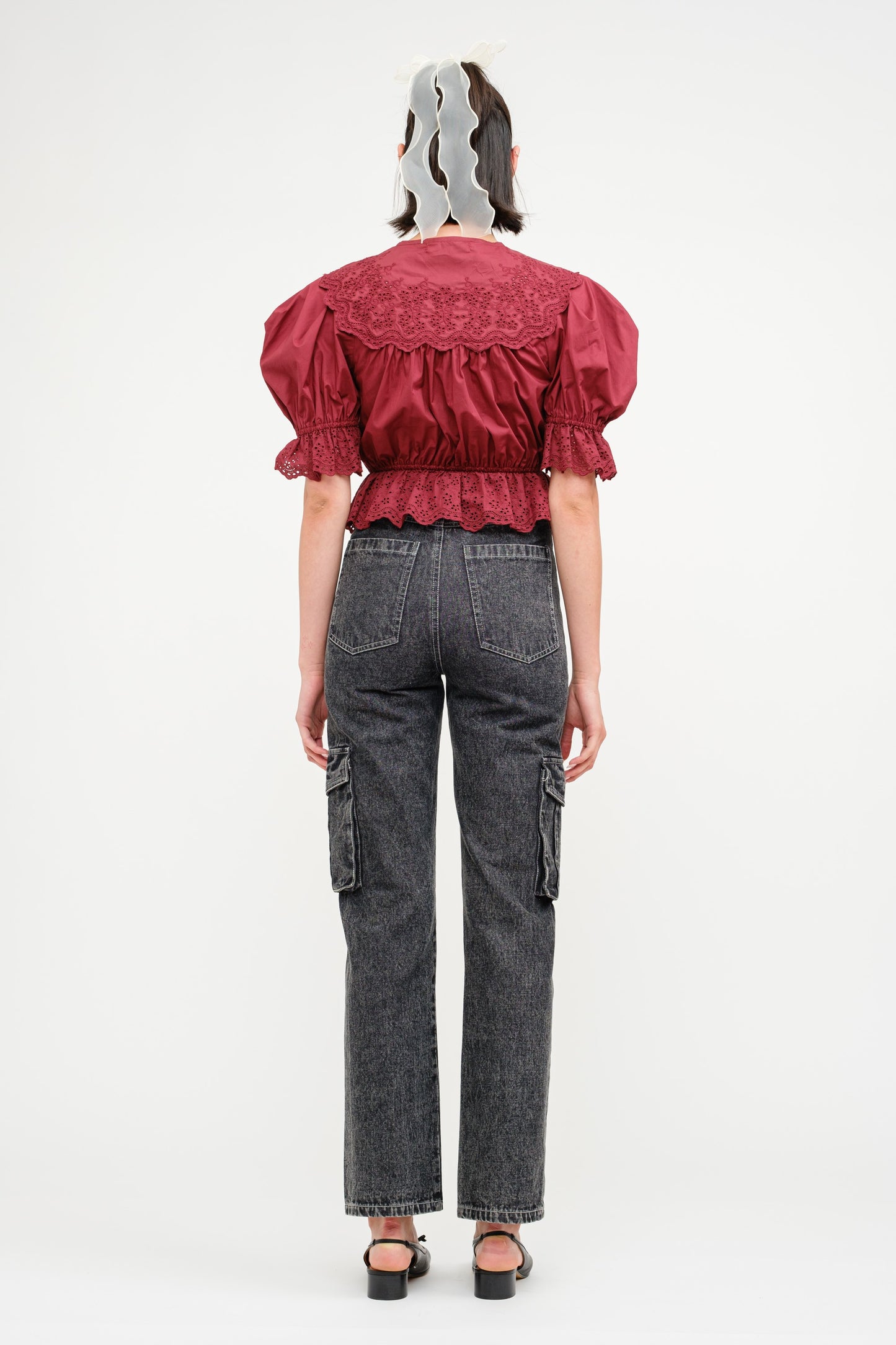 Short Sleeve Embroidered Blouse - Burgundy.  Back full view.