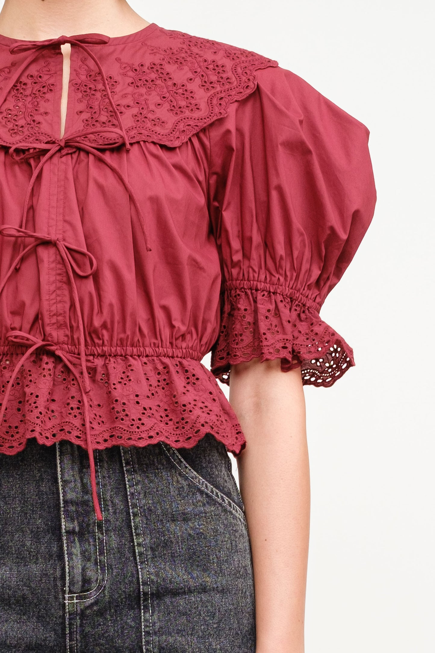 Short Sleeve Embroidered Blouse - Burgundy.  Front close view.