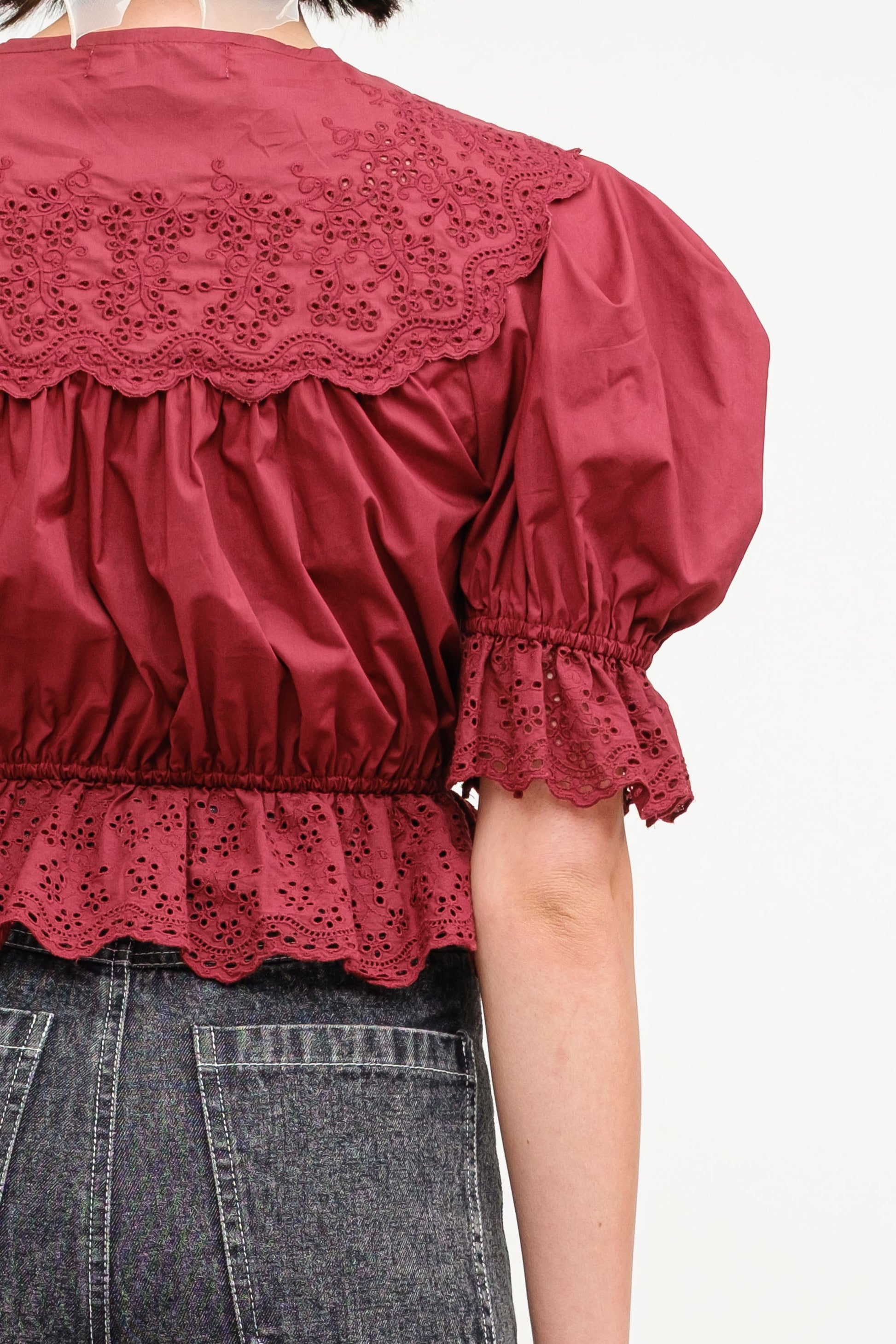 Short Sleeve Embroidered Blouse - Burgundy.  Back close view.