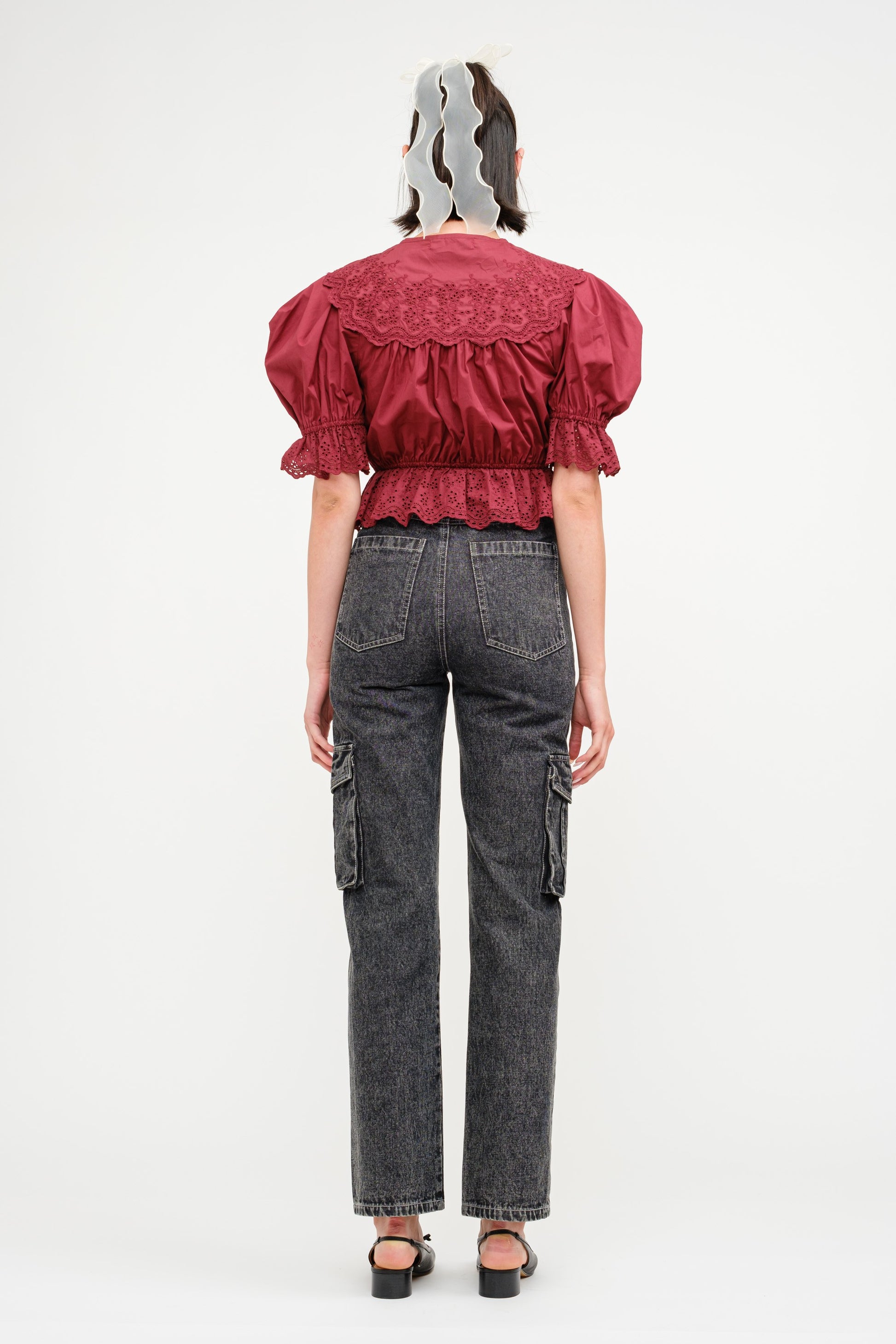 Short Sleeve Embroidered Blouse - Burgundy.  Back full view.