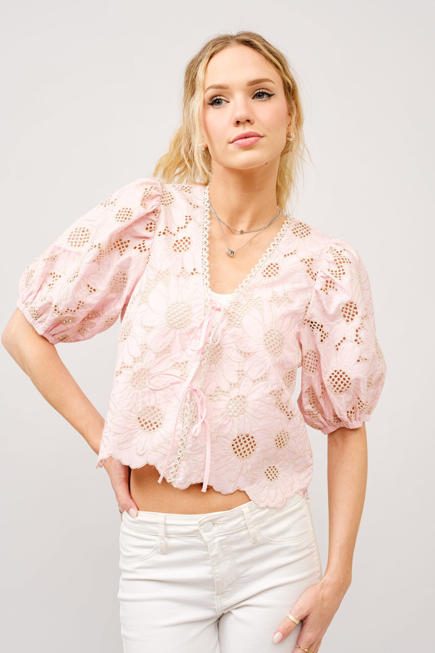 Metallic Embroidered Top - Pink.  Front close view.