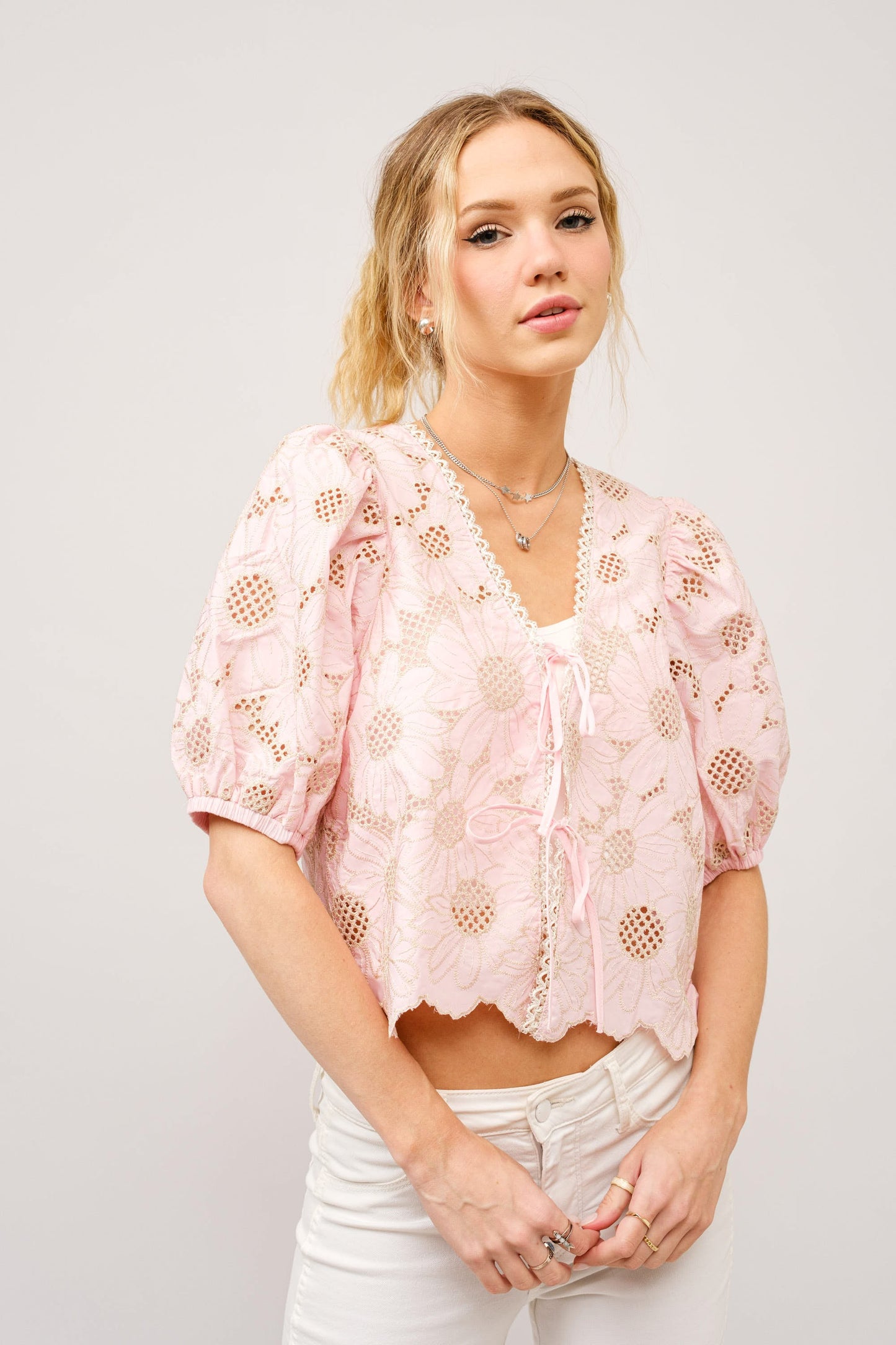 Metallic Embroidered Top - Pink.  Side close view.