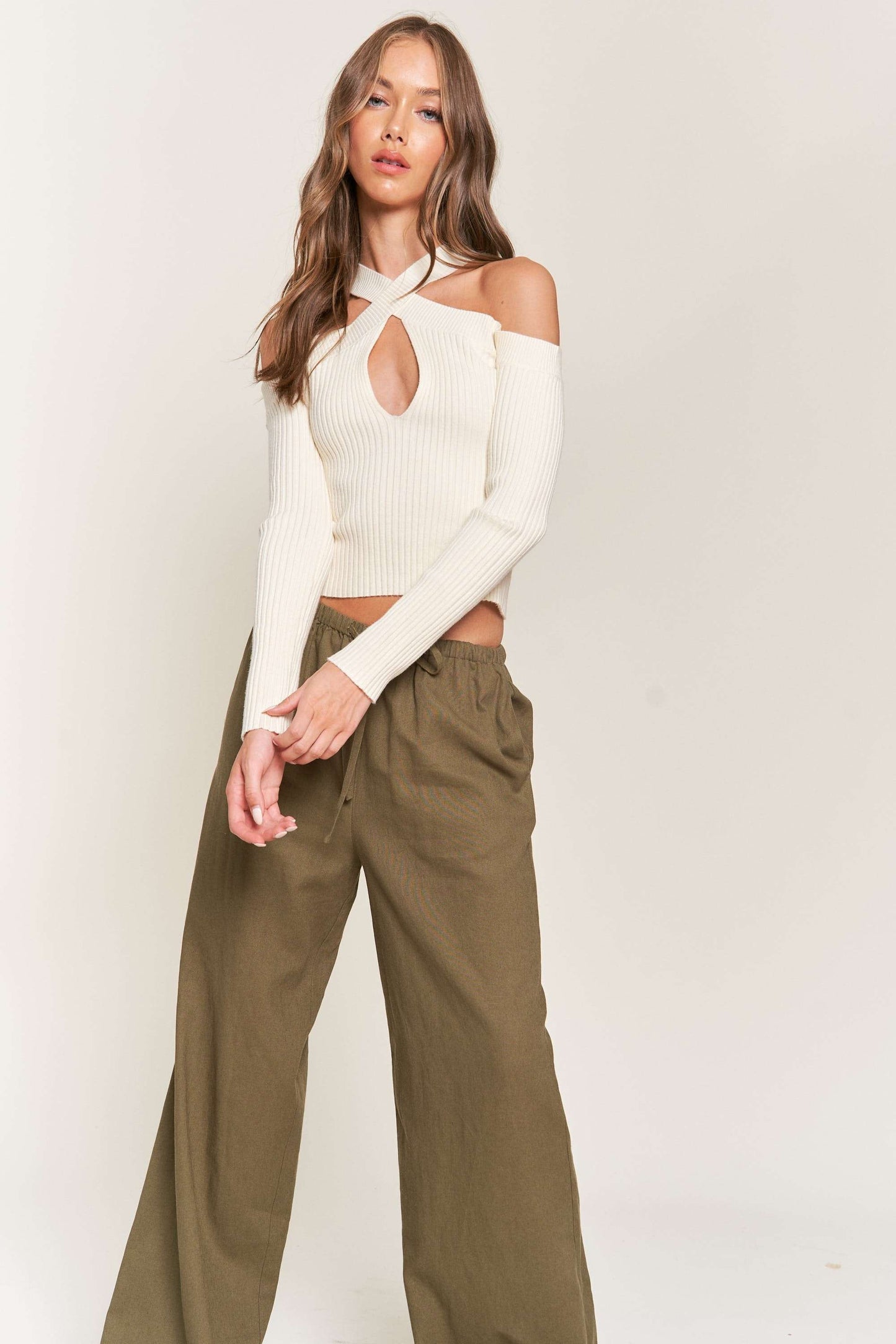 Long Sleeve Cross Neck Open Shoulder Top - Ivory.  Front Full View.