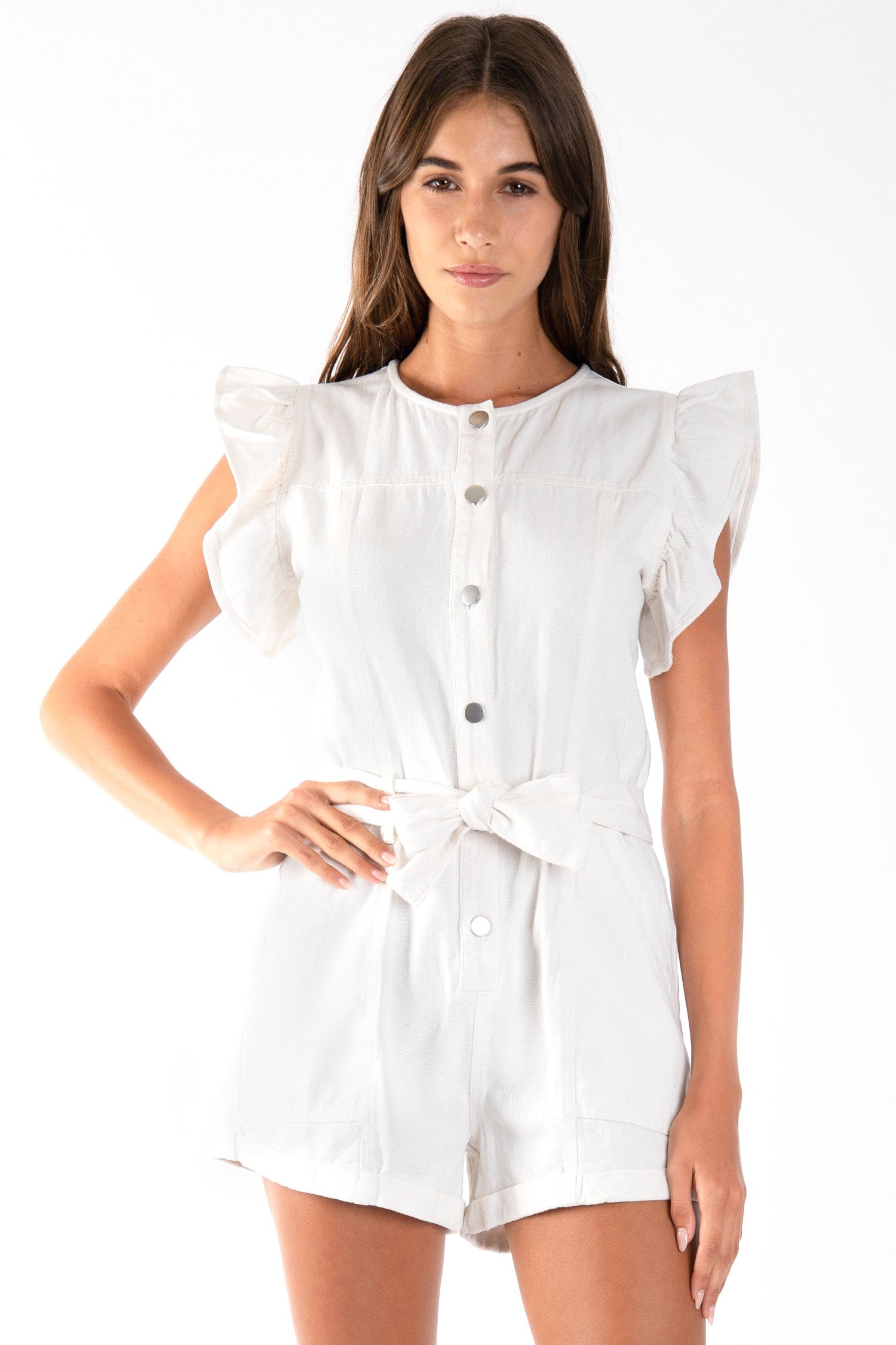 Ruffle Sleeve Denim Romper Off White.  Front view.