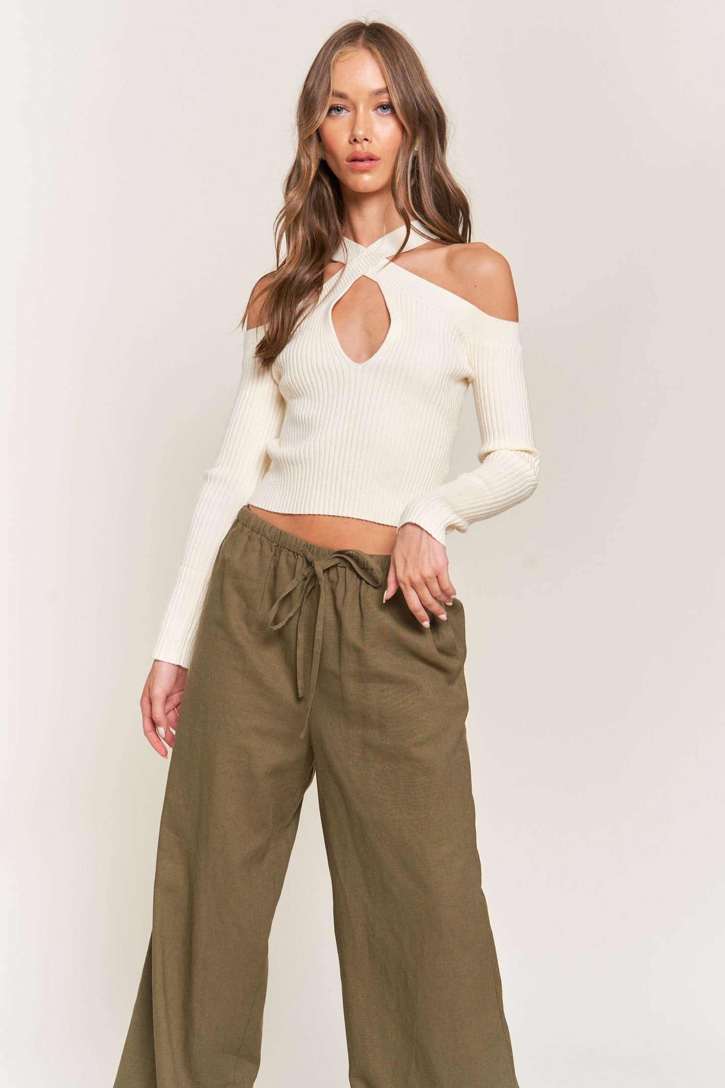 "Alexis" Ribbed Long Sleeve Cross Neck Top - Ivory