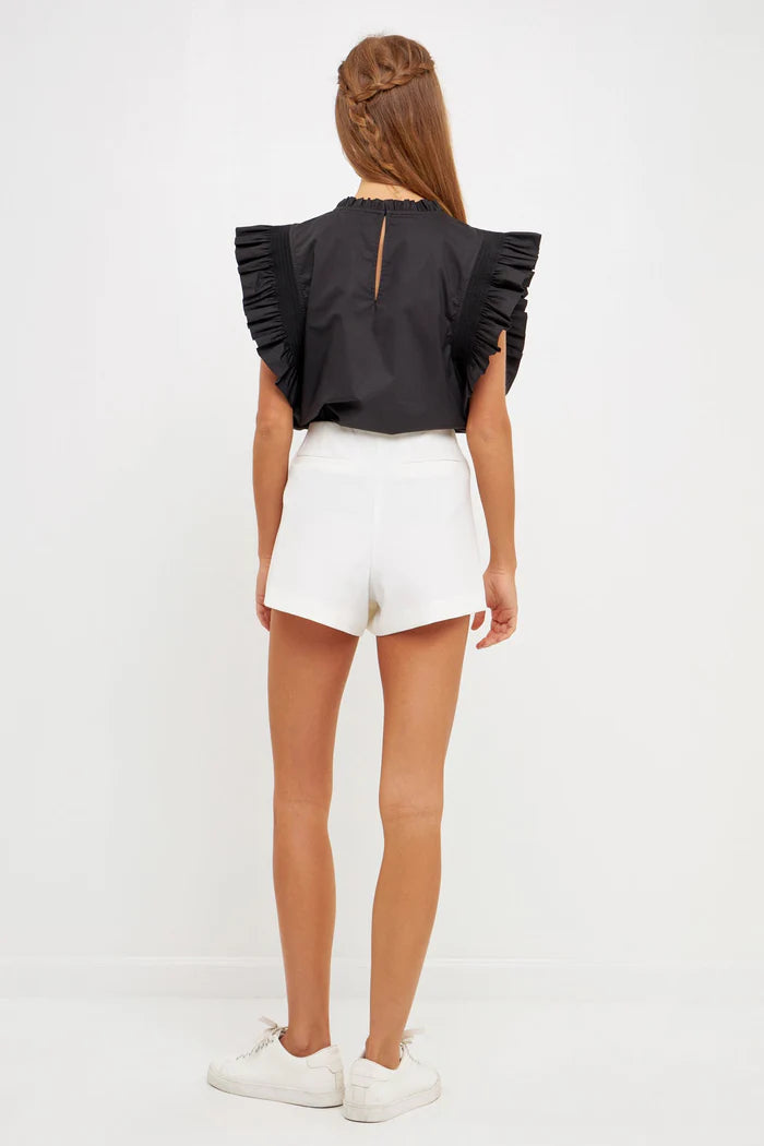 "Monaco" Ruffle Sleeve Poplin Top Black