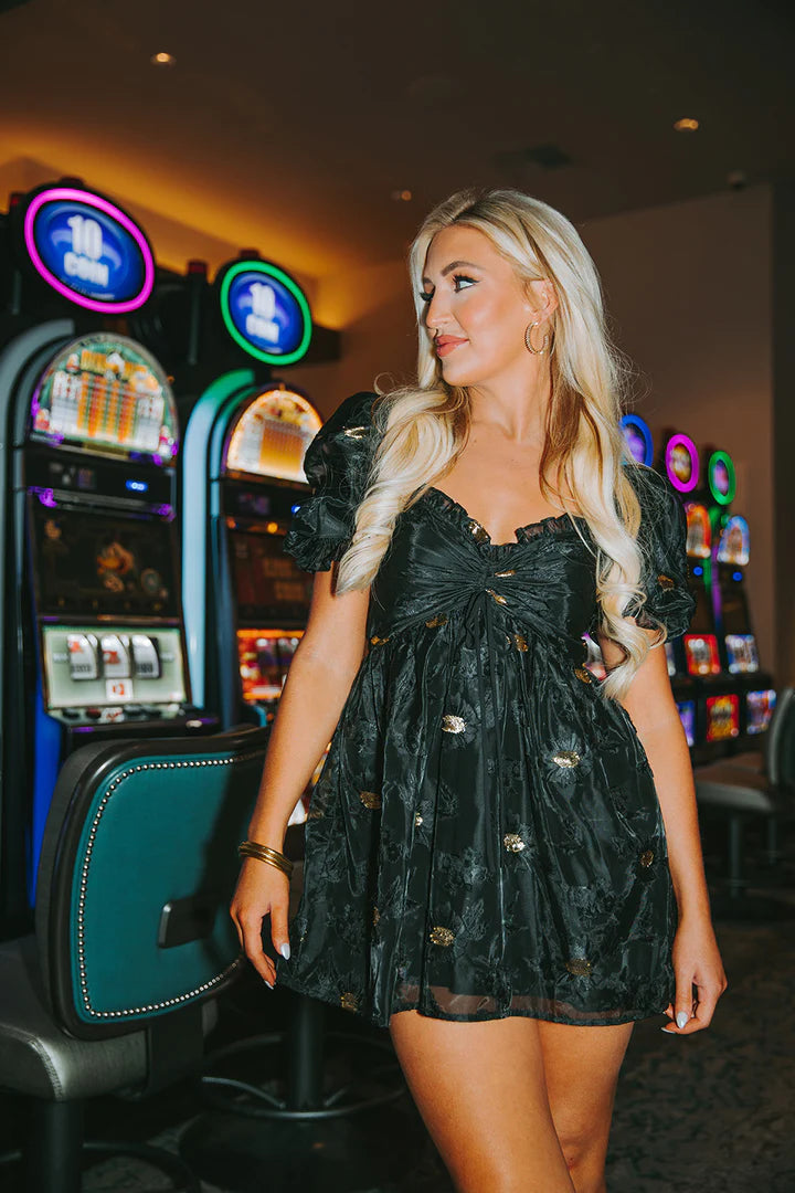 BuddyLove Colby black and gold metallic mini dress -casino view