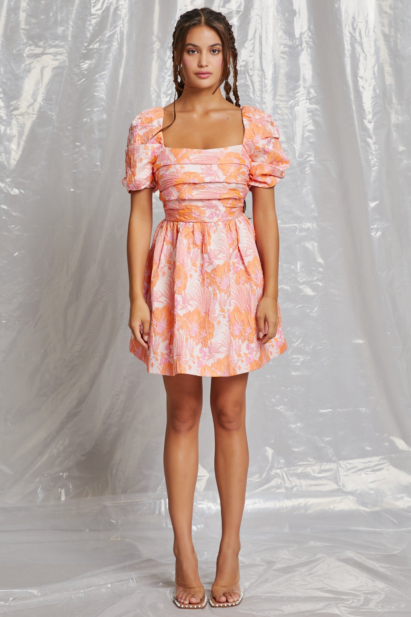Puff Sleeve floral jacquard mini dress - orange & pink.  Front full view.
