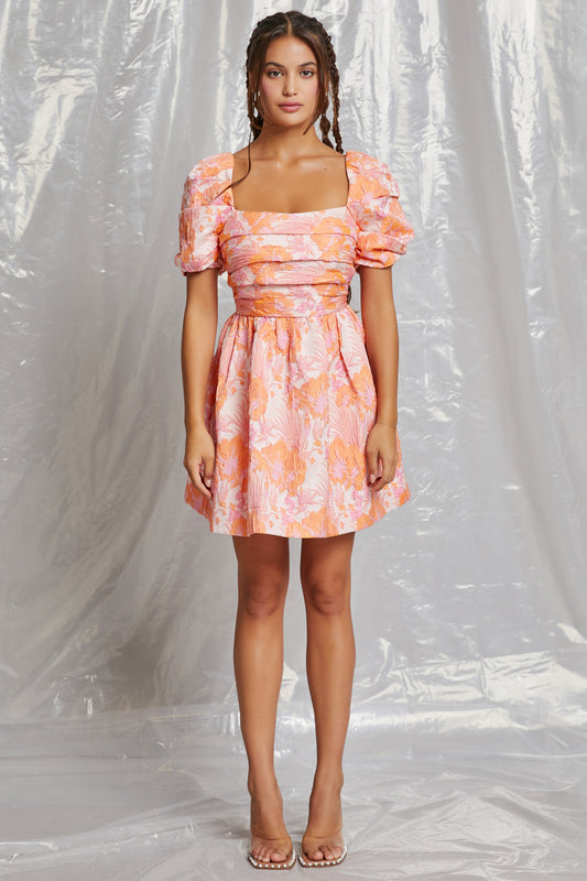 Puff Sleeve floral jacquard mini dress - orange & pink.  Front full view.