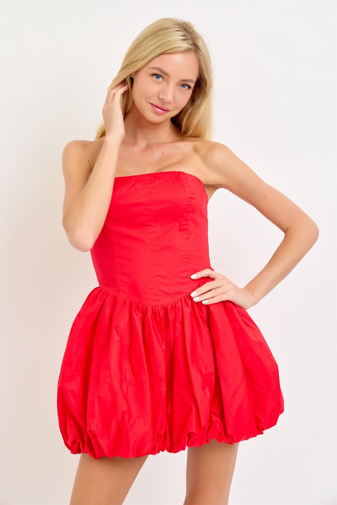 Strapless bubble hem mini corset dress - Red.  Front close view.