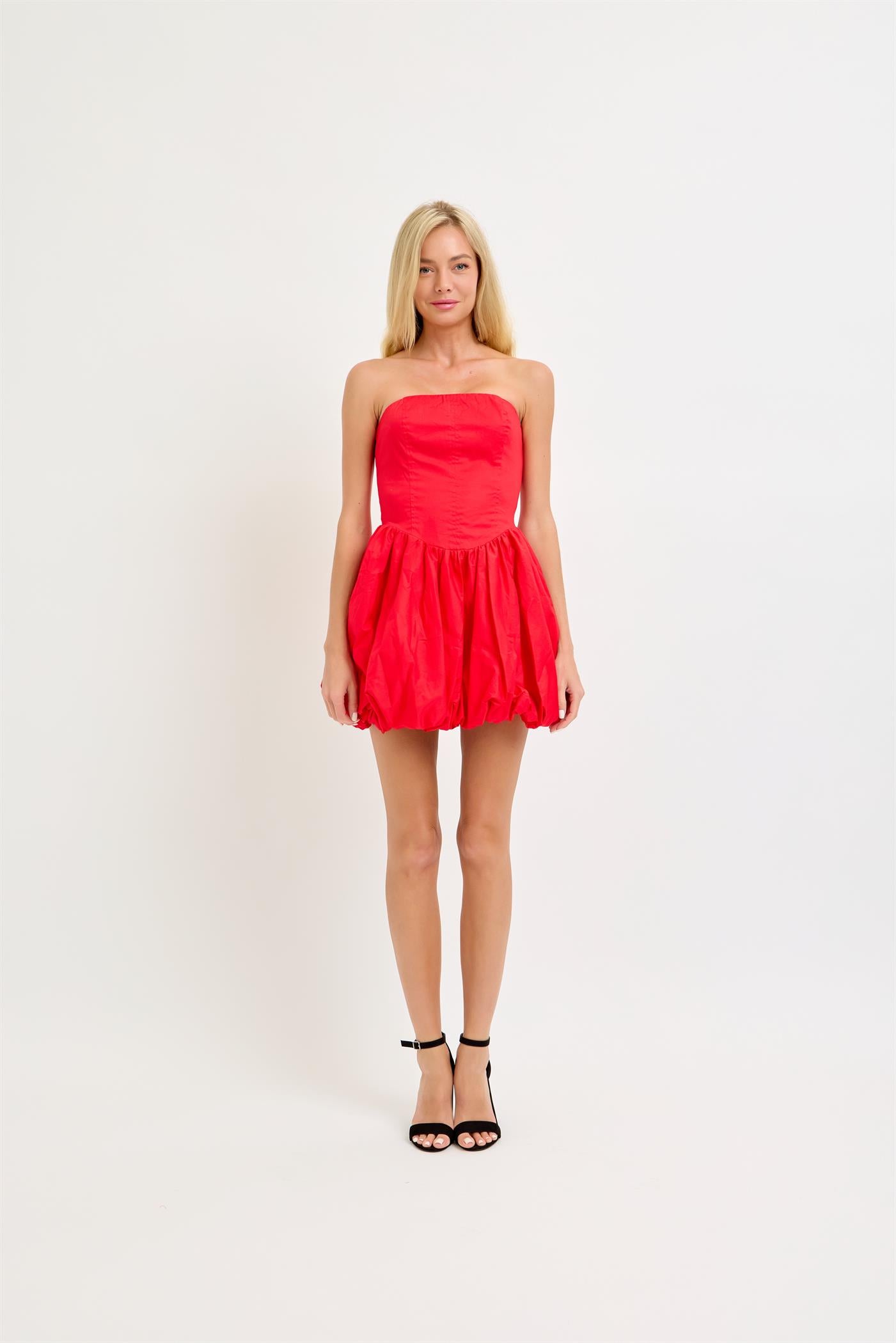 Strapless bubble hem mini corset dress - Red.  Front full view.