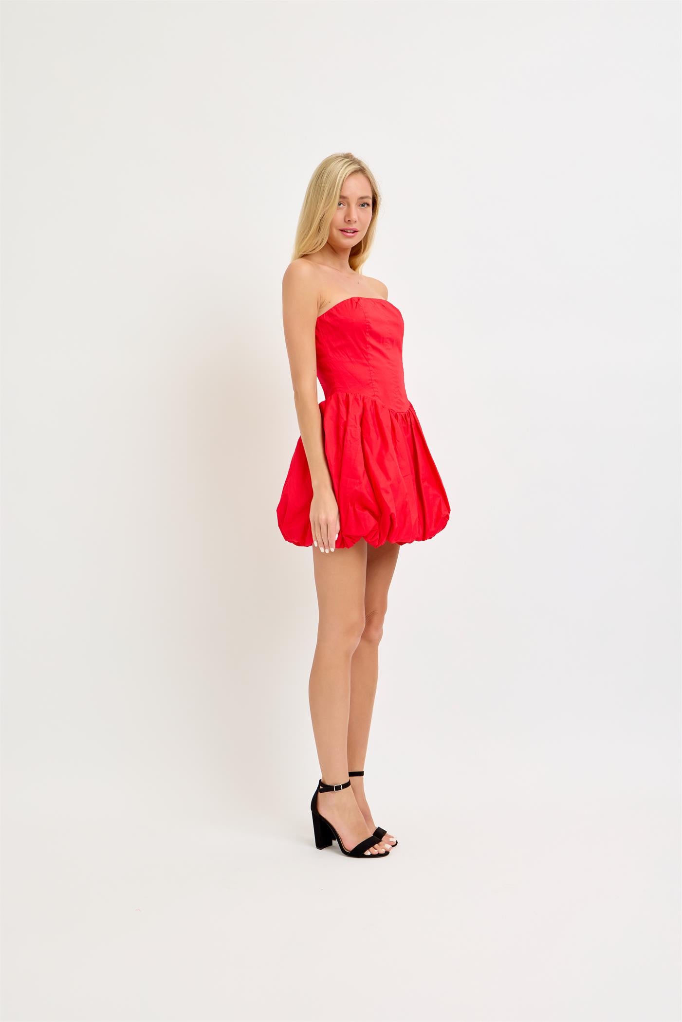 Strapless bubble hem mini corset dress - Red.  Side full view.