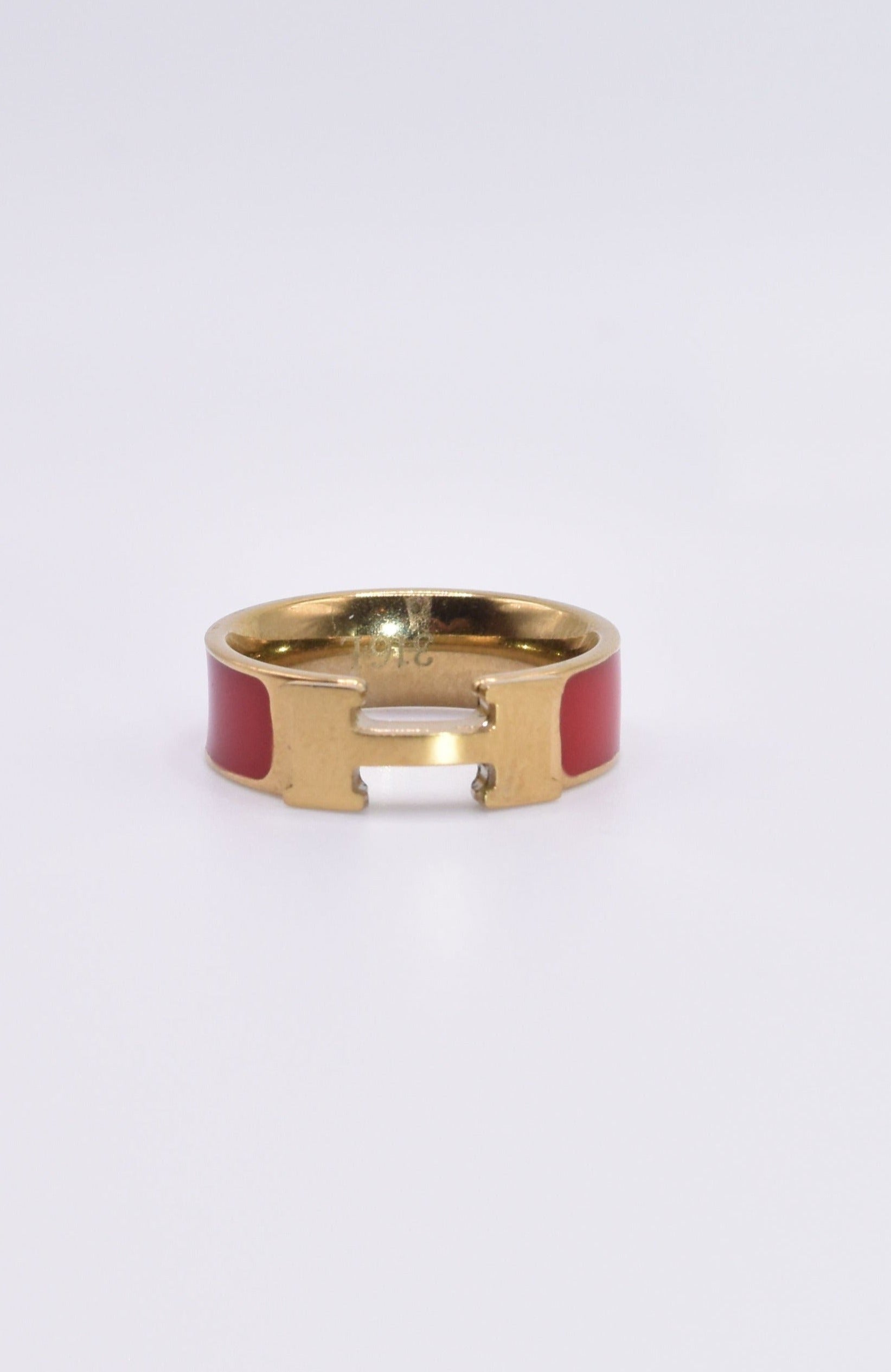 Designer Inspired "H' Ring - Red.  Front view.