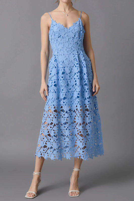 Lace overlay mini dress in powder blue. Front full view.