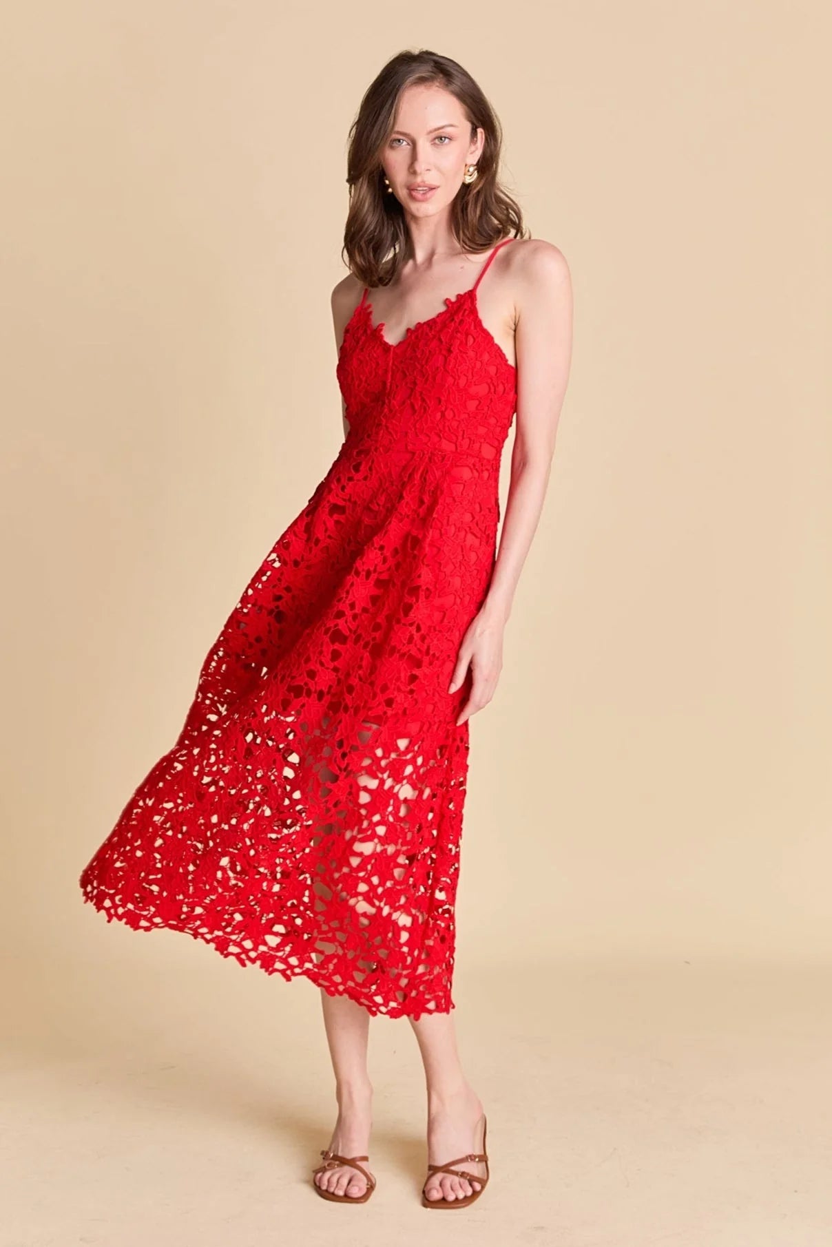 Lace overlay mini dress in red. Front full view.