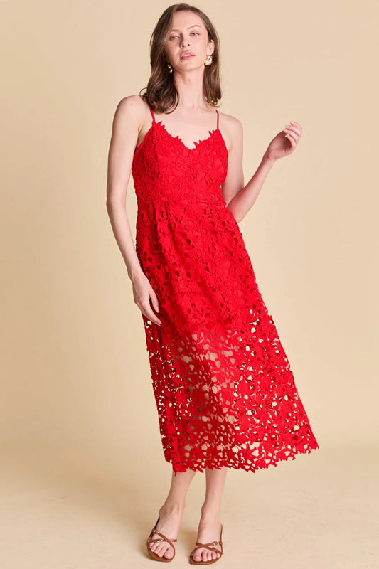 Lace overlay mini dress in red. Front full view.