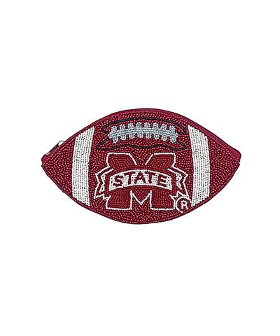 Maroon, white & grey beaded pouch in a football shape featuring the "M" State logo.