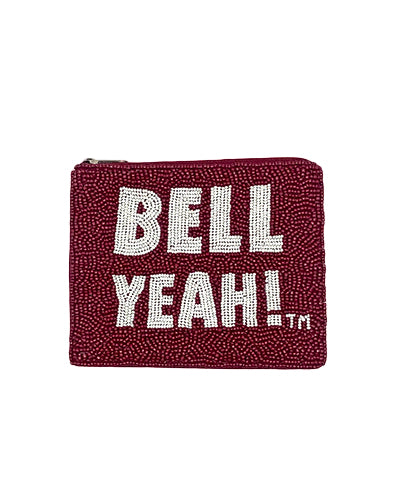 "Bell Yeah" maroon beaded coin pouch with white beaded text.  Fits into clear bag.