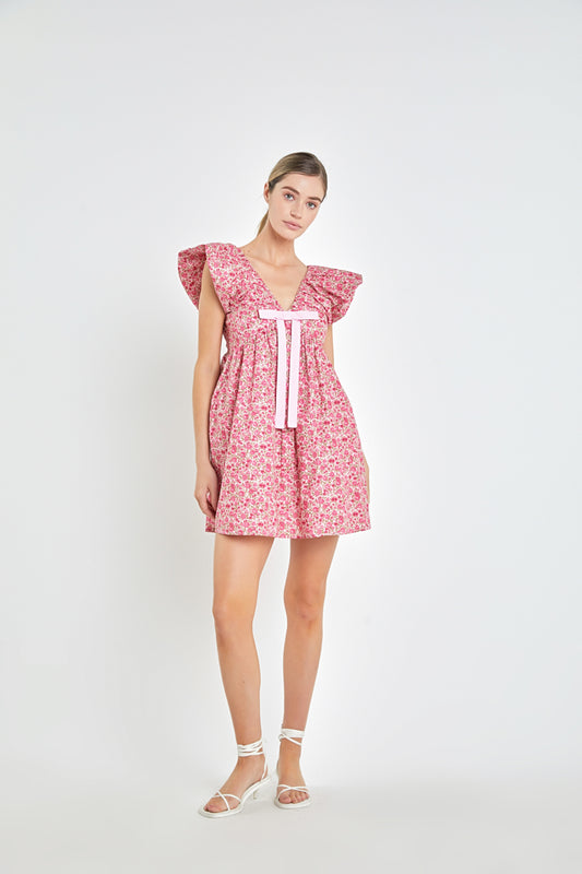 Blouson Shoulder Mini Dress - Pink.  Front view.