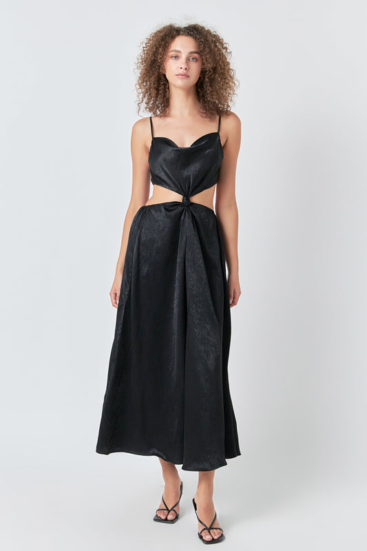 Satin front twist maxi dress - black.  Front view.