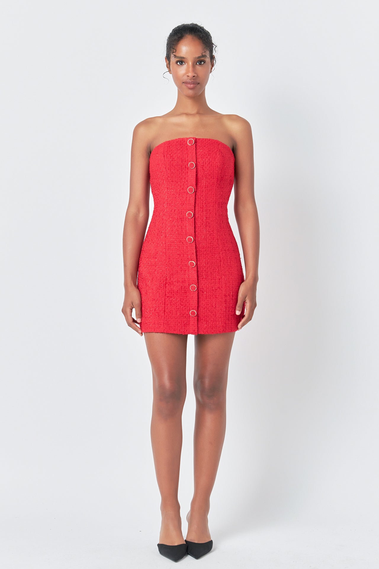 Tweed Strapless Mini Dress - Red Front view