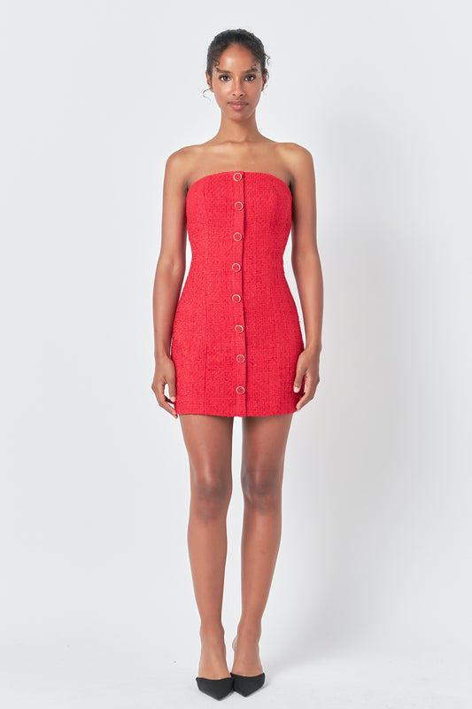 Tweed Strapless Mini Dress - Red Front view