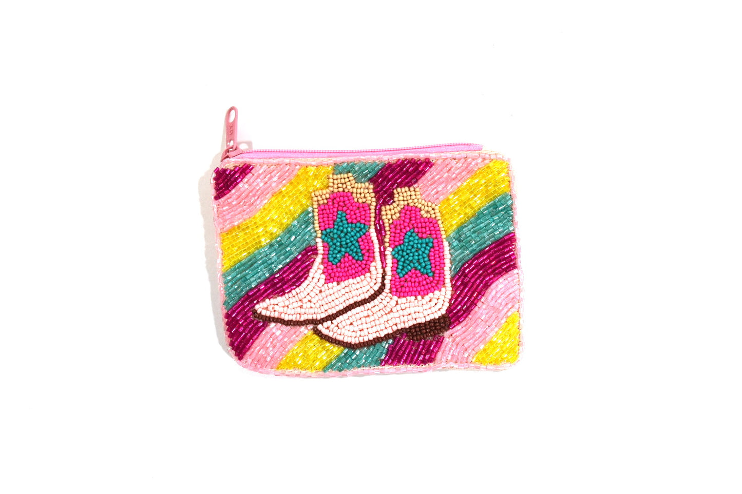 Cowboy Boots Beaded Coin Pouch Pink