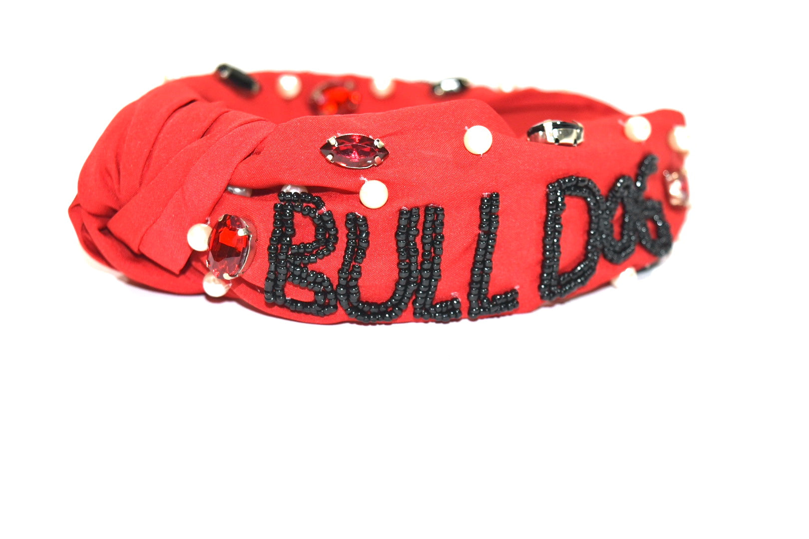 Red headband with black beaded "bulldog" lettering, crystals, and pearls.