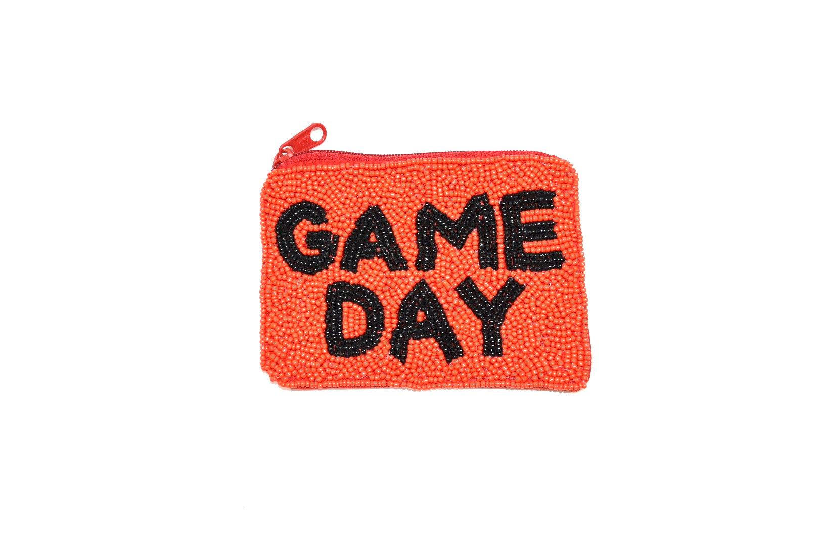Gameday Beaded Coin Pouch.  Red & Black.  Front view.