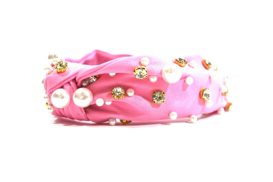 Pearl & Crystal Studded Knotted Headband Lite Pink