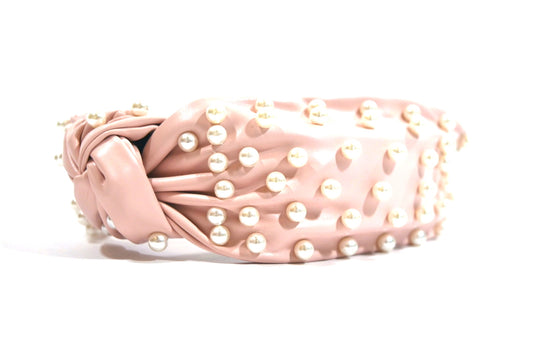 Pearl Decorated Leather Headband Blush