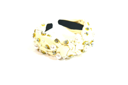 Pearl & Crystal Studded Knotted Headband Ivory