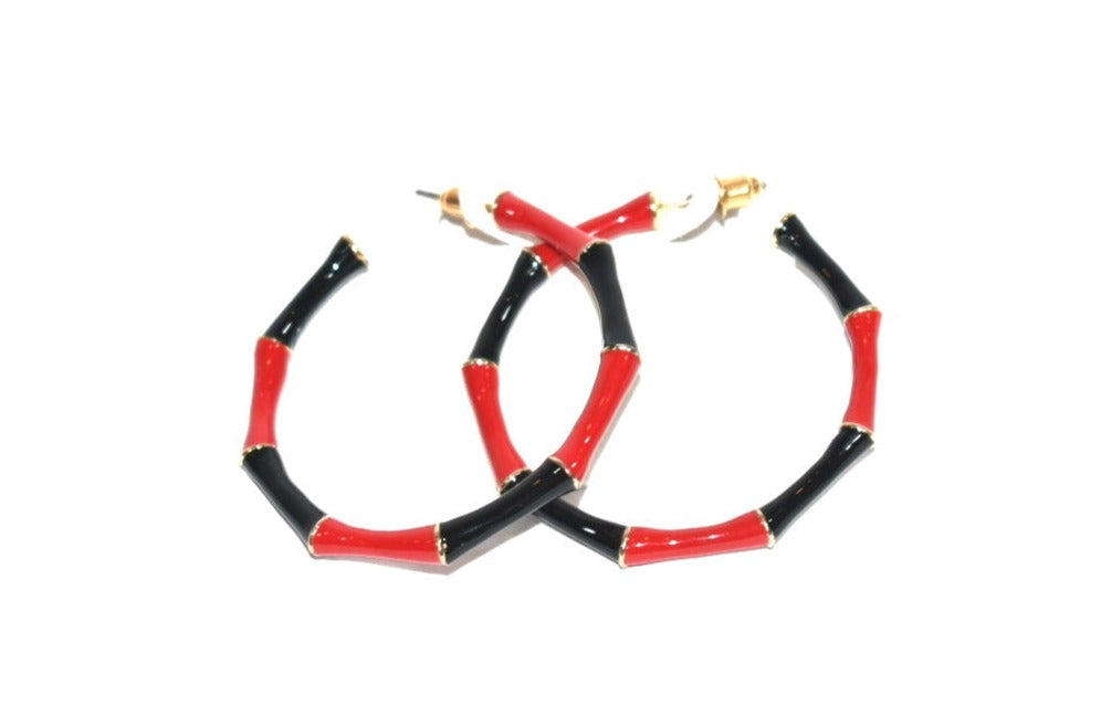 Red & black bamboo hoop earrings with gold detailing