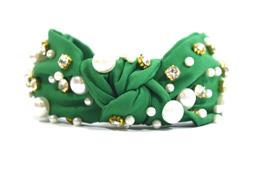 Pearl & Crystal Studded Knotted Headband Green.  Top view.