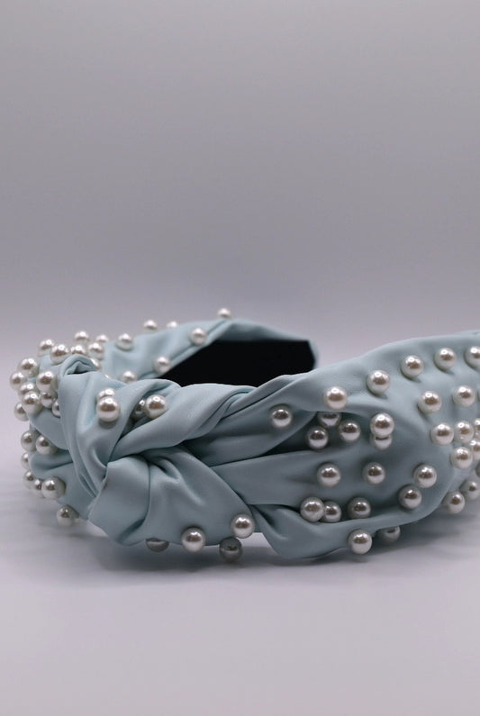 Pearl Decorated Leather Headband Lite Blue