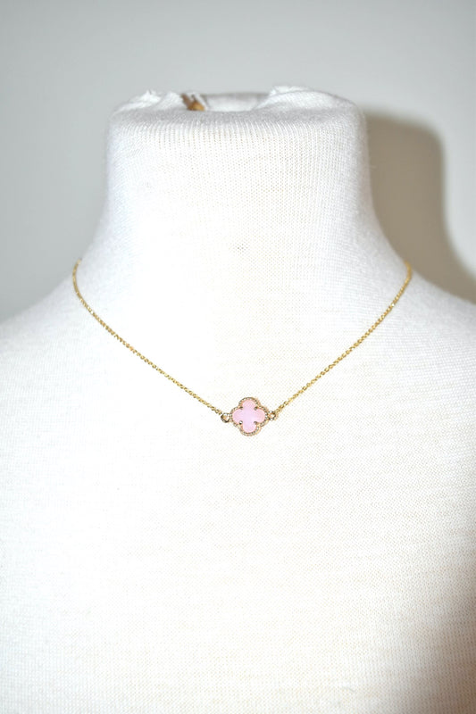Gold necklace with pink opal clover.  16"